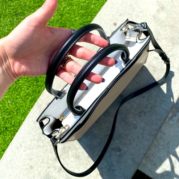 Kate Spade Silver Logo Leather Beige Black & White Tote Crossbody Satchel - Picture 5 of 16